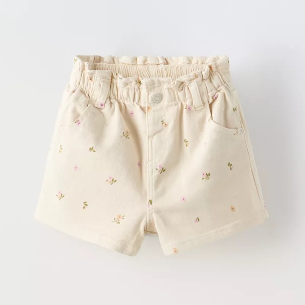 Zara Kids Paperbag Waist Cream Floral Denim Shorts